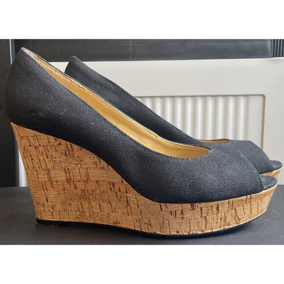Nine West Black Peep Toe Wedges Slip Ons Heels Canvas Cork Women 7.5 - Picture 1 of 11
